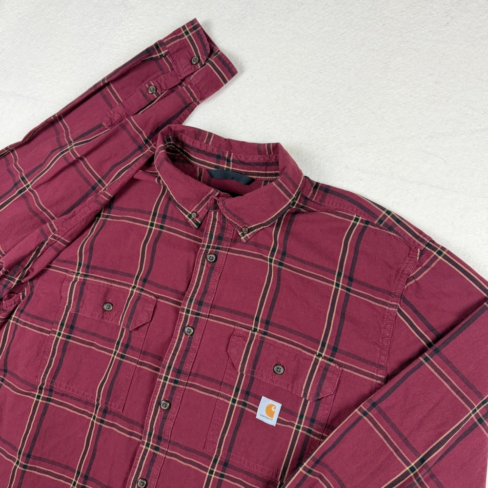 Carhartt Mens XL Loose Fit Burgundy Plaid Long Sleeve Button Down Shirt TW4447-M